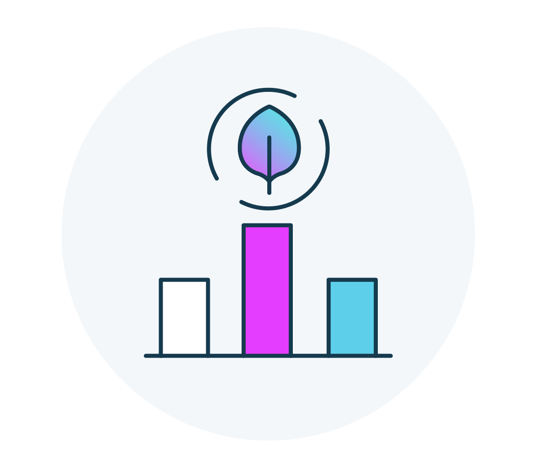 an icon with a bar chart and a leaf